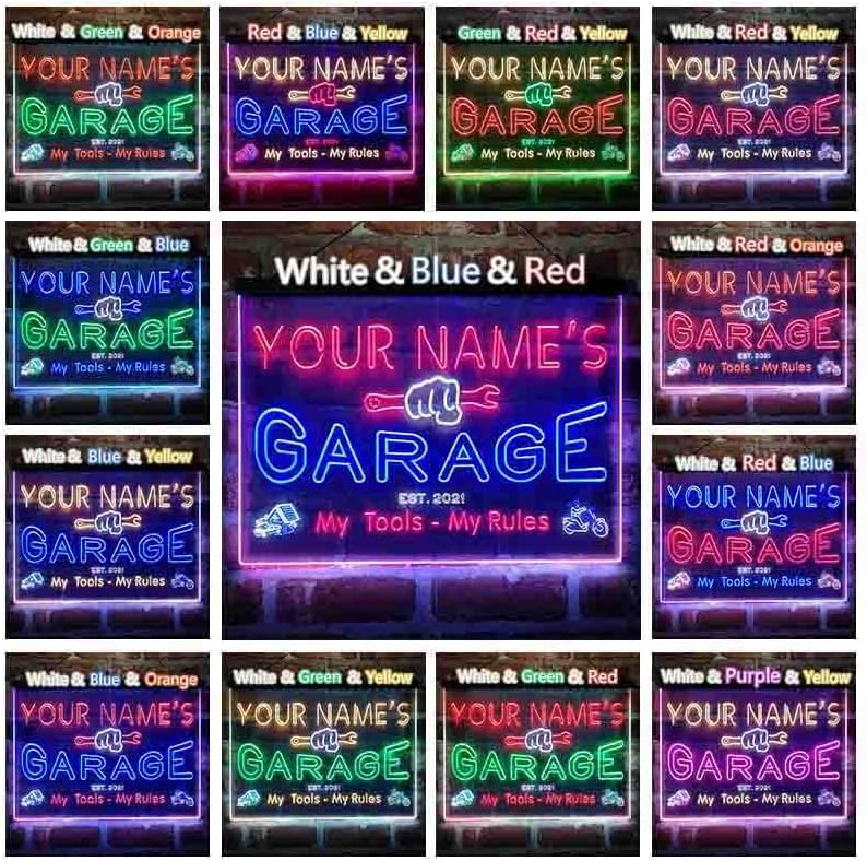 ADVPRO Letrero de luz de neón LED tricolor personalizado de garage, una decoración artística grabada en 3D  Personalizar nombre Fecha Texto Cita