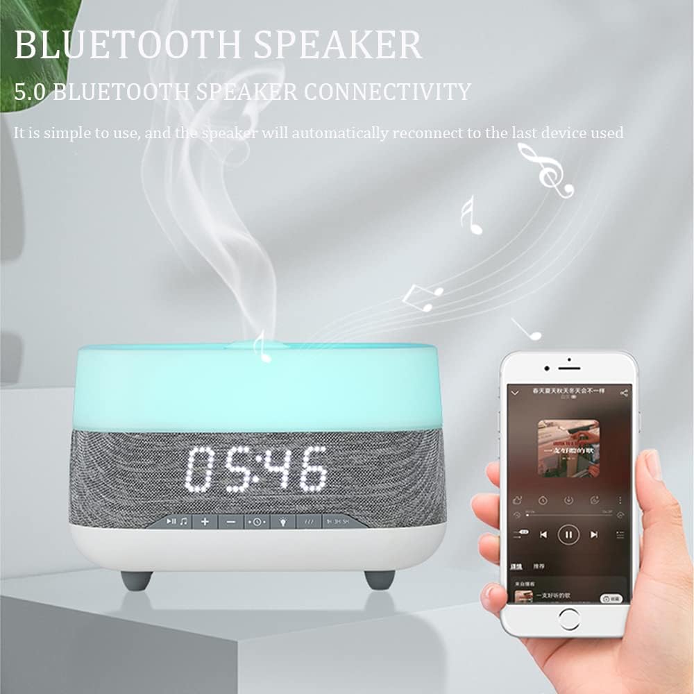 Difusor de aceite esencial y humidificador con reloj de altavoz, luces nocturnas de humor de 7 colores, aromaterapia eléctrica de niebla fría para