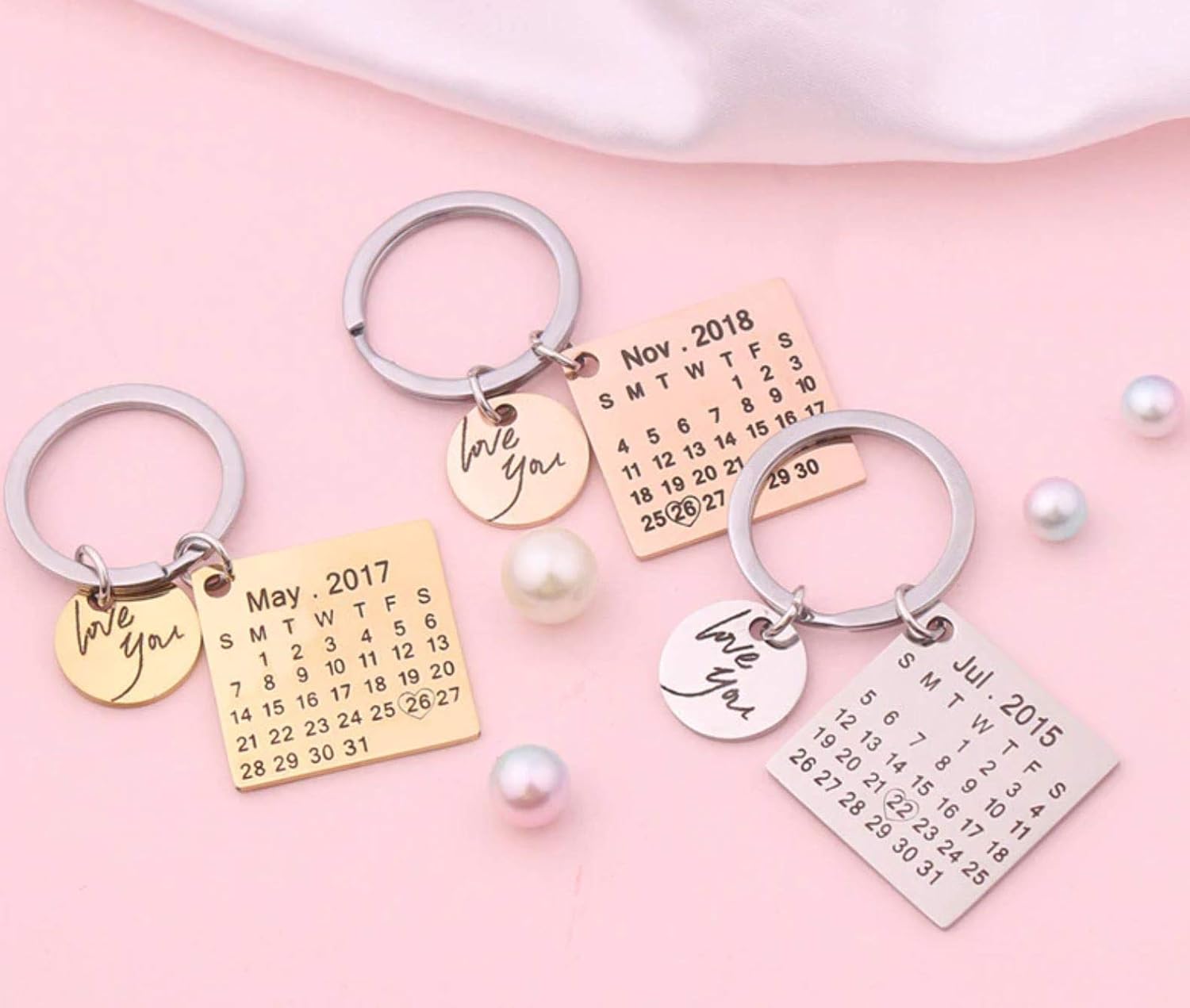 Personalized Custom Calendar Keychain, Stainless Steel Highlighted with Heart Date, Engrave Date Wedding Anniversary Keyring Gift, Gift for her,