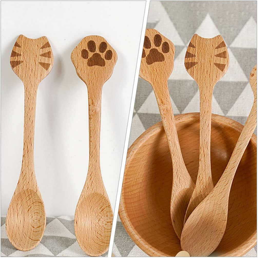 Cucharas de cocina de bambú para gatos, 2 cucharas de café de madera, lindas cucharas de sopa, cucharadita de madera para café, té, mermelada,