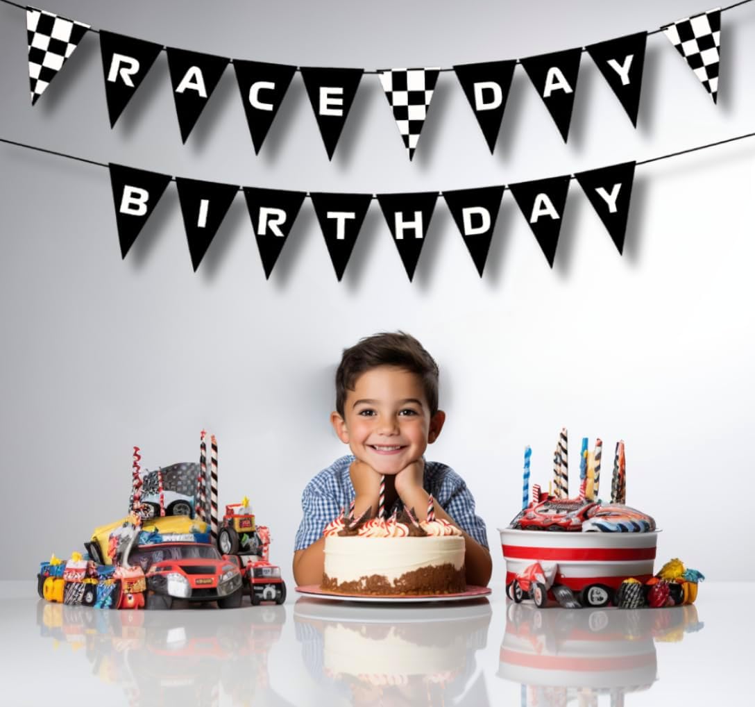 Cartel preencordado de cumpleaños del día de carrera, suministros temáticos de autos de carreras, decoraciones, Nascar, F1, Happy Bday, bandera a