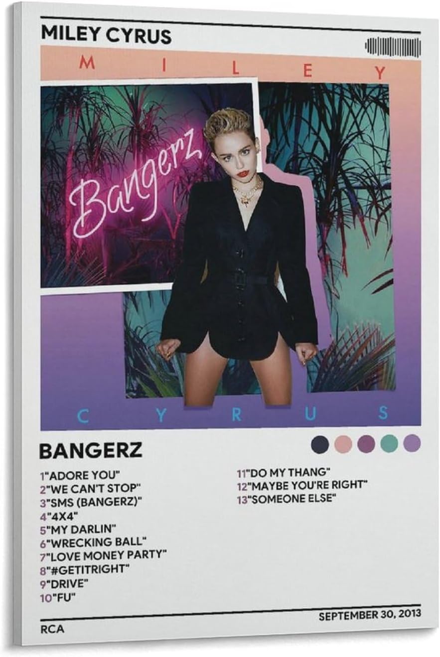 Miley Cyrus – Póster de Bangerz 007 en lienzo para decoración de dormitorio, paisaje, oficina, San Valentín, cumpleaños, regalo, marco, estilo 24 x