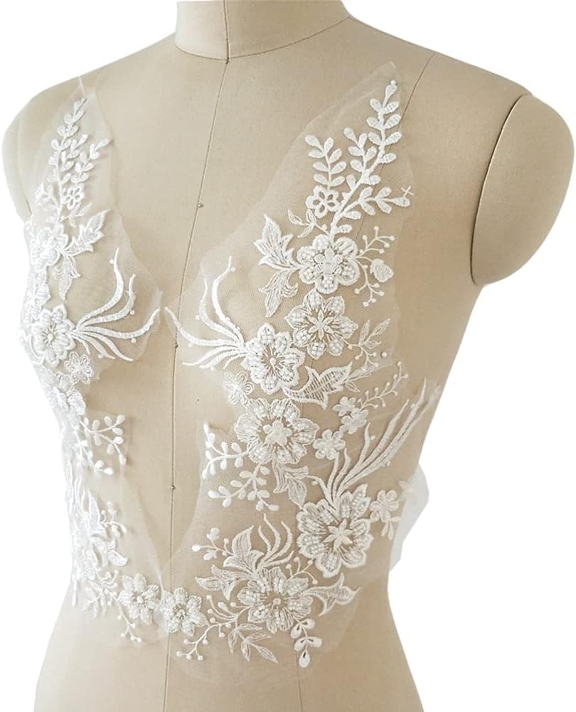 Bordado de flores 3D con ribete de encaje, cuentas de lentejuelas blancas, parches bordados florales para coser en apliques para vestido de novia,