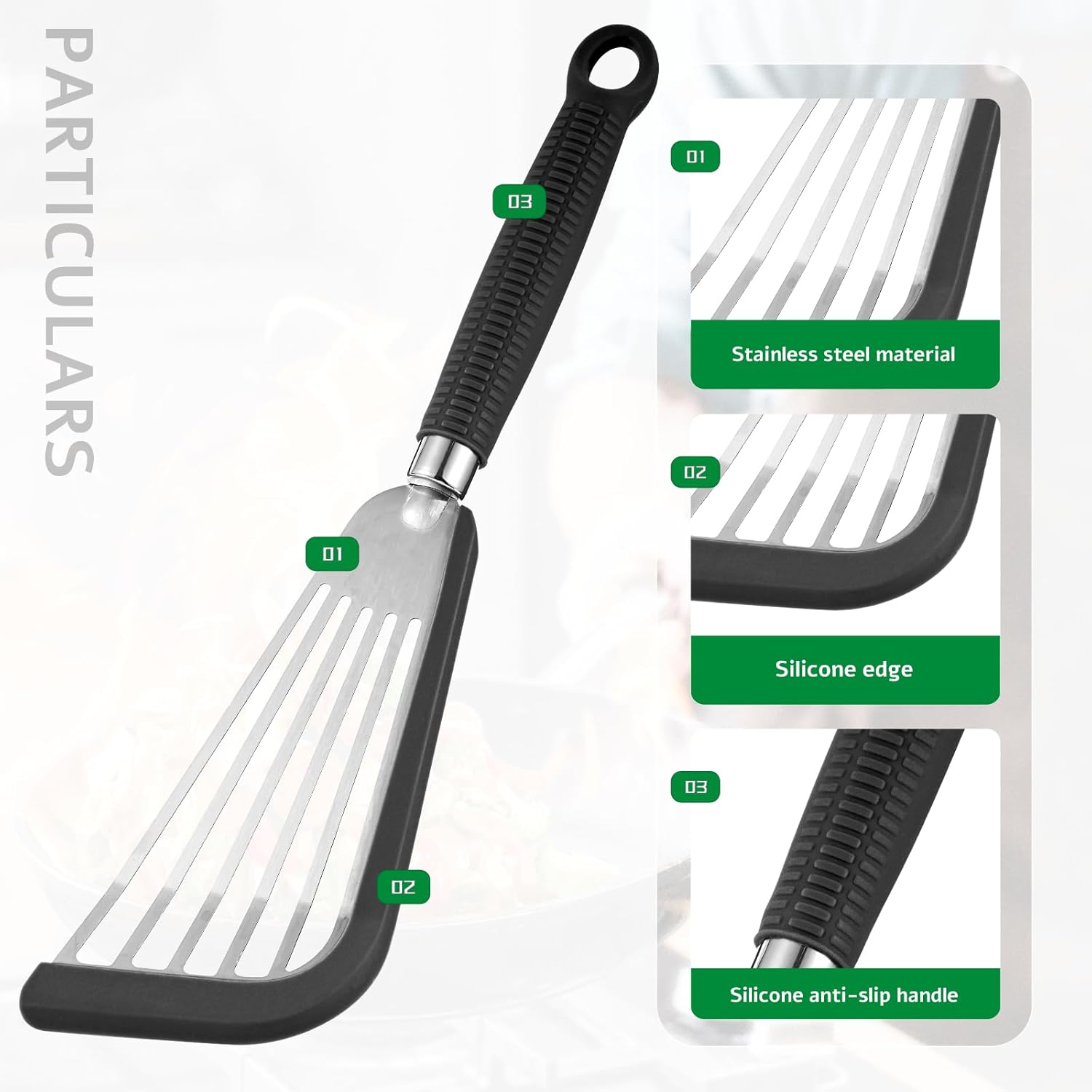 Espátula de pescado de acero inoxidable con borde de silicona, espátula de pescado de 13 pulgadas para utensilios de cocina antiadherentes, espátula