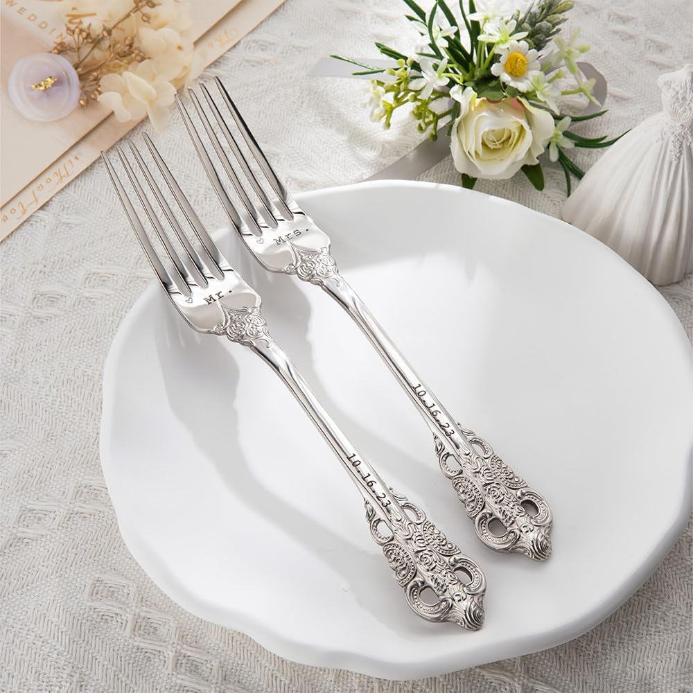 callie Juego de 2 tenedores de boda personalizados con fecha grabados con fecha, cubiertos plateados vintage personalizados resistentes para pastel