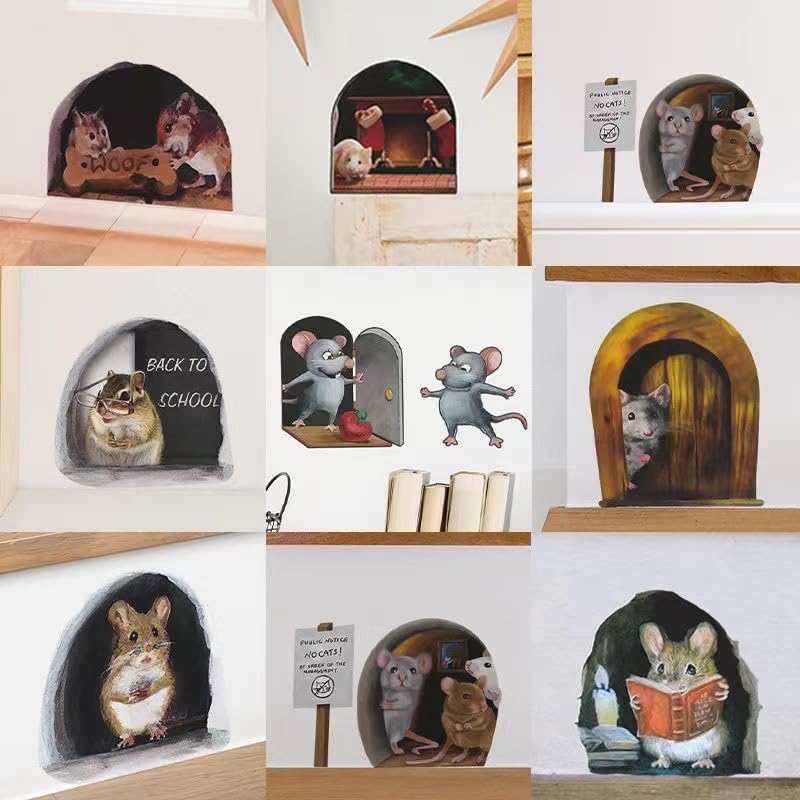 9 calcomanías de pared con agujero de ratón 3D, bonitas calcomanías decorativas para sala de estar, guardería, dormitorio, habitación de los niños,