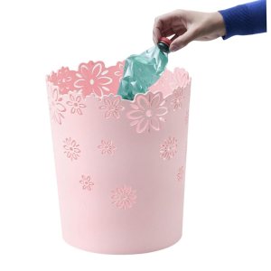 Papelera redonda de color rosa, papelera de basura para dormitorio, cesta de basura de plástico, hueco de plástico, cesta de basura con encaje de Papelera redonda de color rosa, papelera de basura para dormitorio, cesta de basura de plástico, hueco de plástico, cesta de basura con encaje de