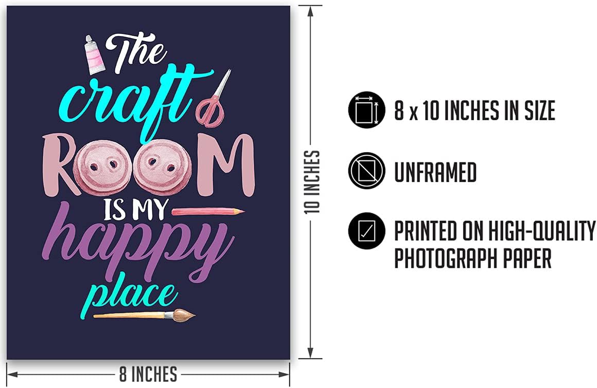 Govivo The Craft Room Is My Happy Place – Una bonita decoración de pared para sala de manualidades con un fondo azul oscuro, obra de arte sin marco