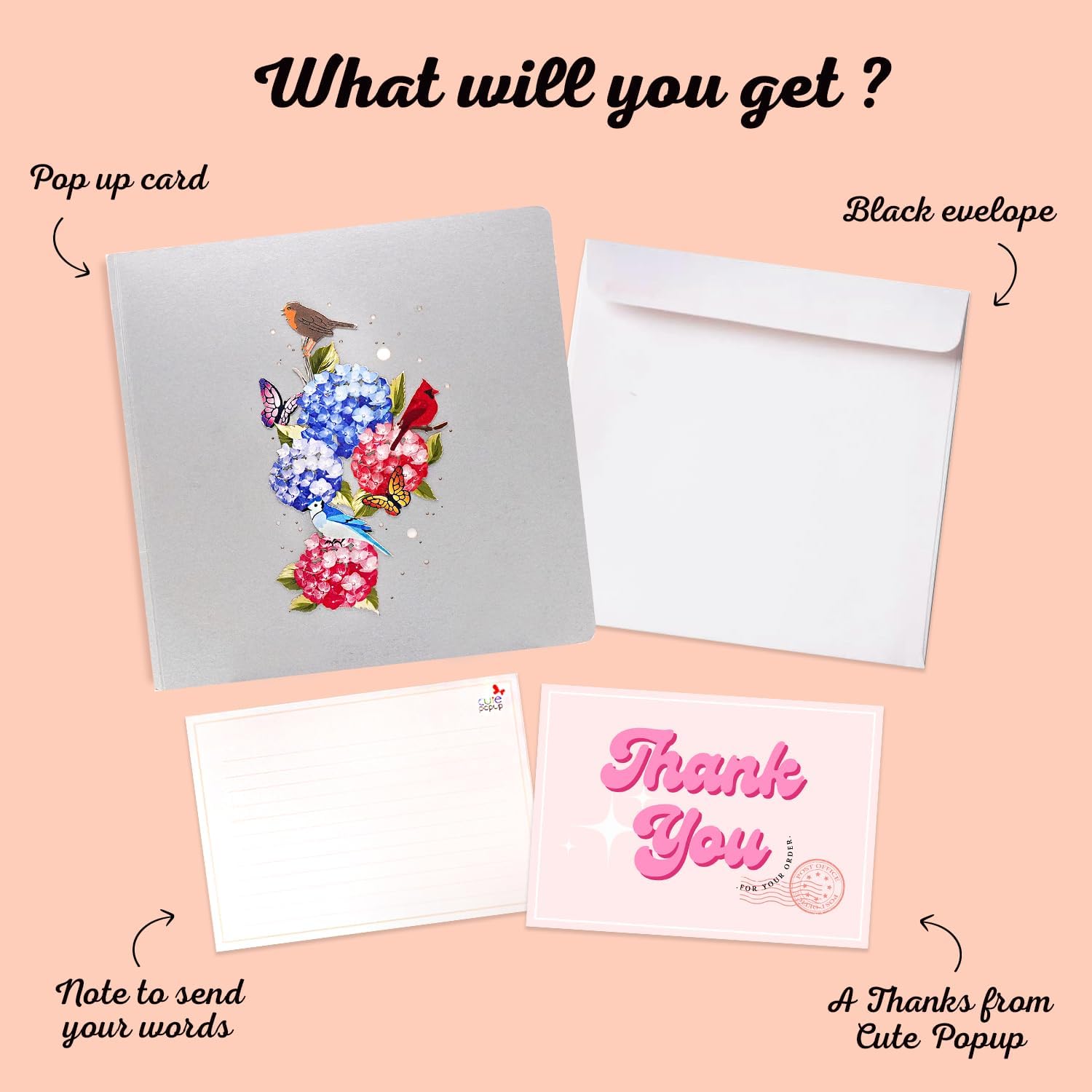 Tarjeta desplegable de cesta de hortensias – Tarjetas de felicitación de agradecimiento, cumpleaños, pensando en ti, recuperarte, día de San