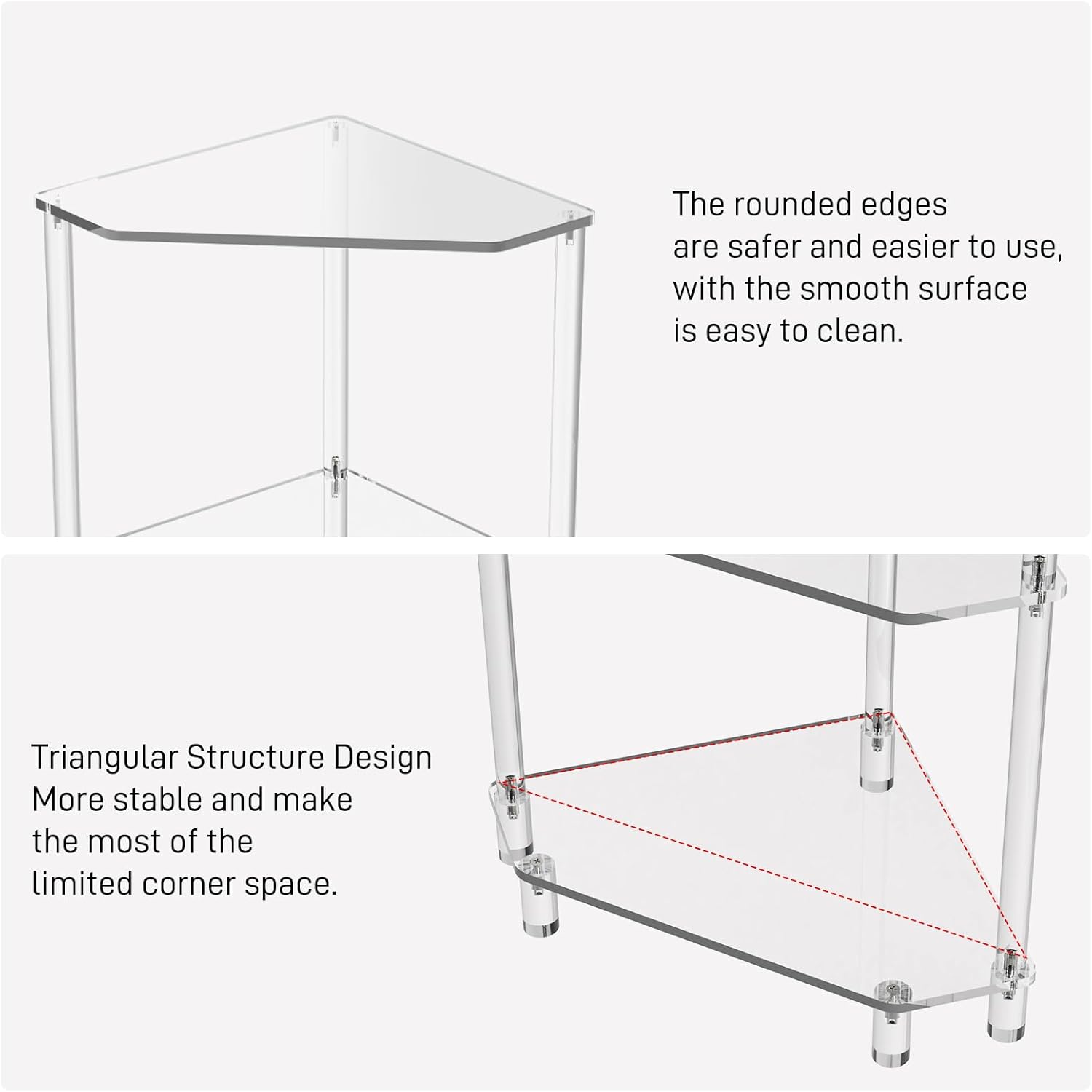 Eglaf Mesa auxiliar de esquina de acrílico, mesa auxiliar triangular de 3 niveles, mesa auxiliar pequeña para sala de estar, dormitorio, baño, 11.8