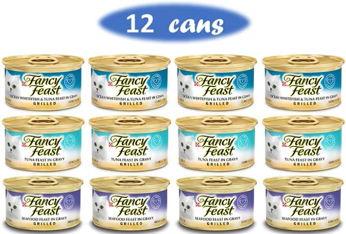 Fancy Feast – Paquete de comida húmeda para gatos a la parrilla, total 12 latas, 04 peces blancos del océano, 04 mariscos y 04 atún a la parrilla y