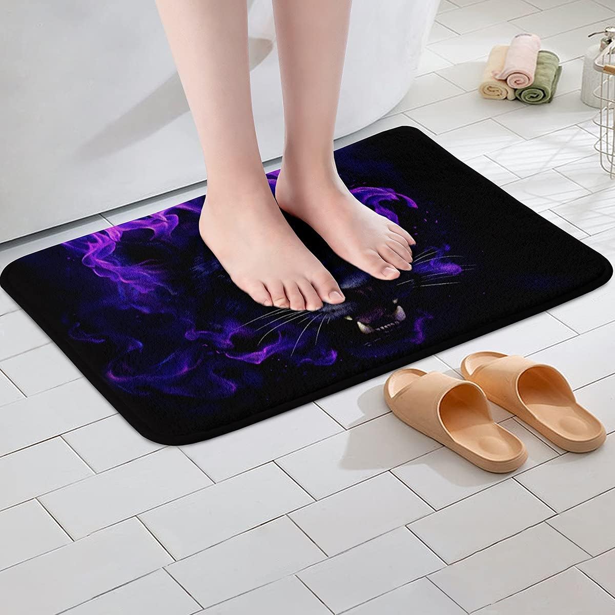 Alfombra de baño antideslizante de pantera negra, suave, absorbente de agua, safari, guepardo, para niños y adultos, diseño de fuego azul, animales