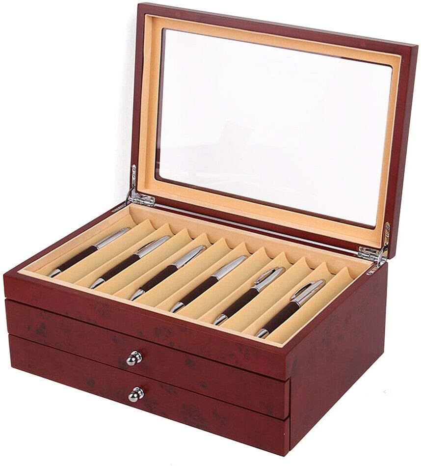 CNCEST Caja de madera para bolígrafos, 3 capas, 34 ranuras, caja de almacenamiento de madera roja, caja organizadora de almacenamiento para cajones,