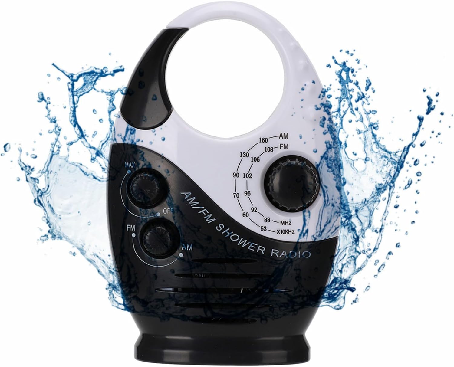 Radio de ducha impermeable, radio AMFM con altavoces de volumen ajustables, altavoces portátiles alimentados por batería con mango de gancho para