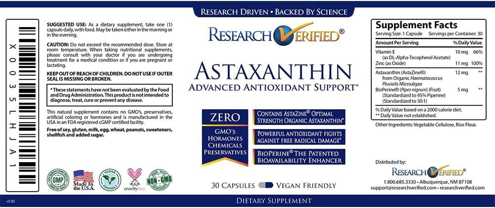 Research Verified Astaxantina – Potente antioxidante, combate los radicales libres, apoya la piel, las articulaciones, el cerebro, los ojos y el