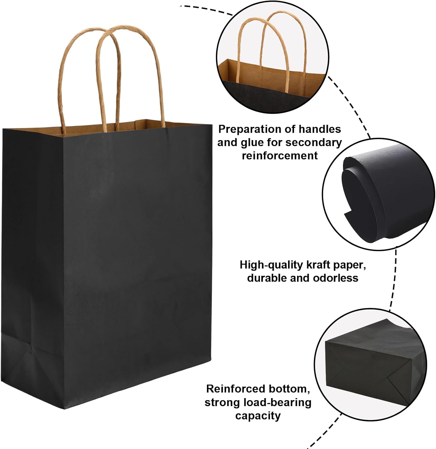 Moretoes 50 bolsas de regalo negras de 10 x 5 x 13 pulgadas, bolsas de papel kraft con asas a granel, bolsas de compras, bolsas de venta al por