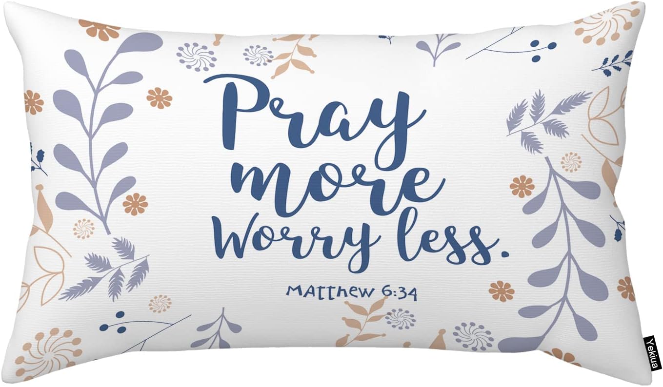 Funda de almohada rectangular con cita bíblica con diseño floral de Pascua, con frase en inglés “Pray More Worry Mens”, funda de cojín rectangular