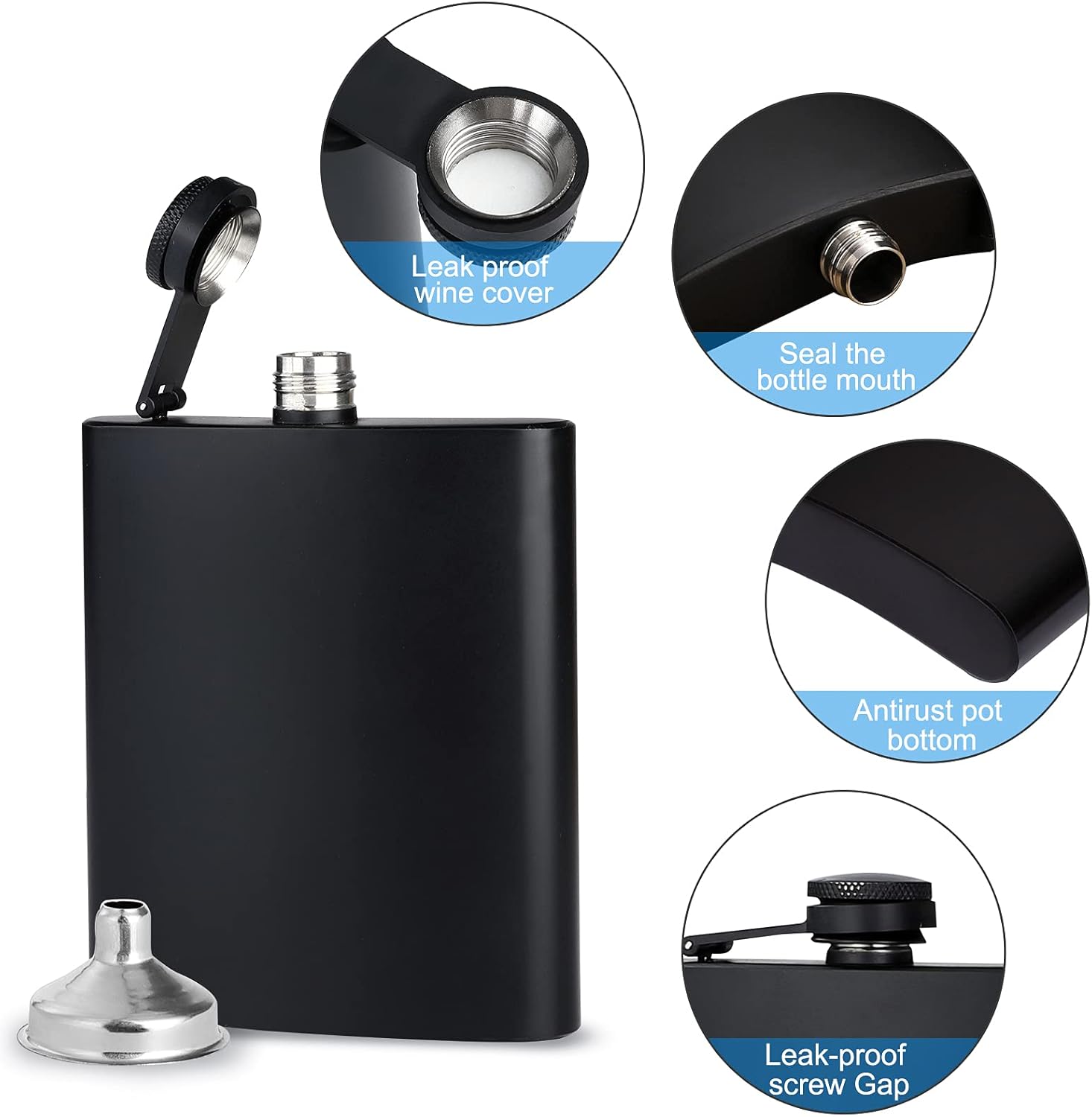 2 piezas de petaca para licor para hombre, embudo y tazas de acero inoxidable negro mate a prueba de fugas, con tapa de metal que nunca se pierde,