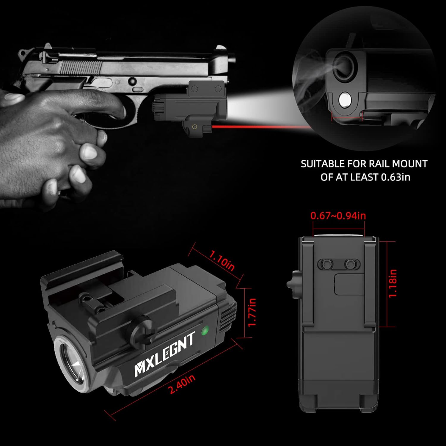 MXLEGNT Luz de arma con riel recargable montada Combo de linterna táctica de 400 lúmenes con LED blanco para pistola