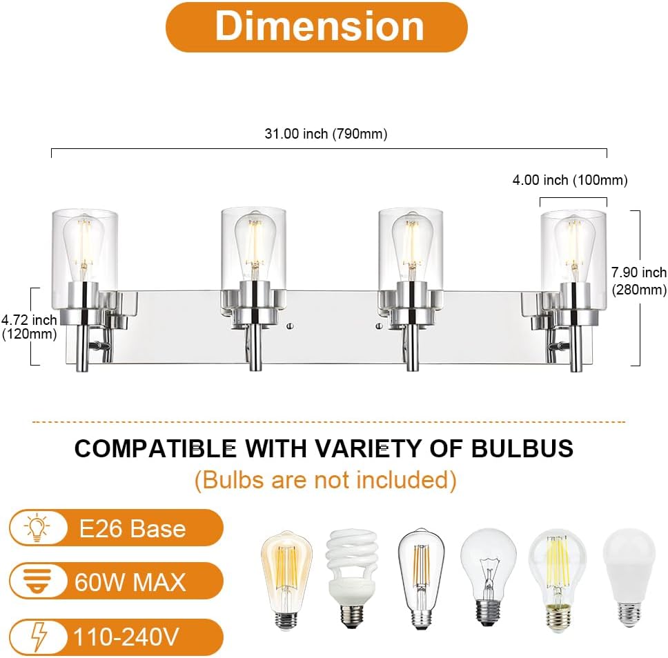 VINLUZ Iluminación de baño moderna con pantalla de vidrio transparente Lámparas de tocador de 4 luces Apliques industriales de pared con acabado