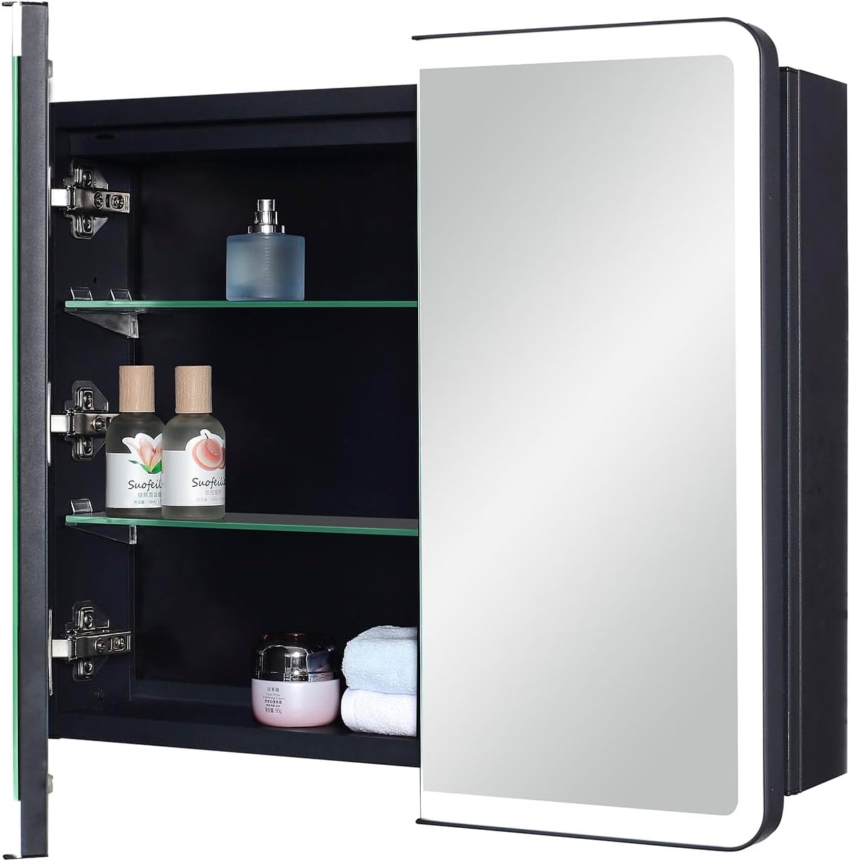 IDYLLOR Botiquín LED para baño con puerta de espejo con marco de esquina redonda, 22 x 20 pulgadas, empotrado o montaje en superficie, con estantes