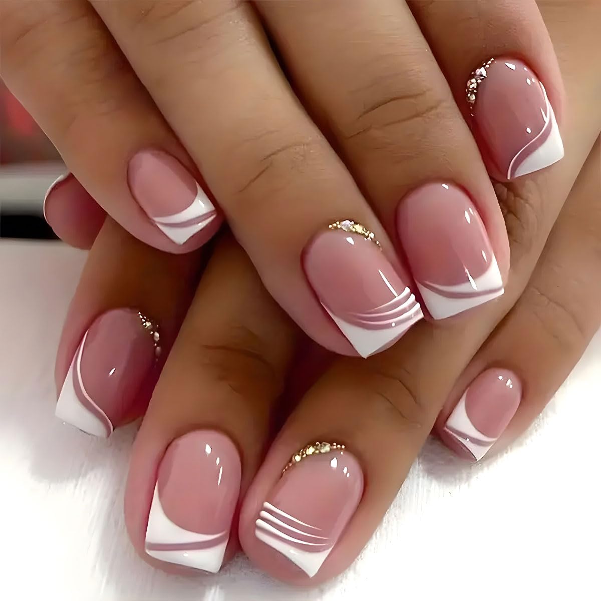 Uñas postizas cuadradas cortas a presión, 24 piezas de uñas postizas blancas francesas con diamantes de imitación, juego de herramientas adhesivas