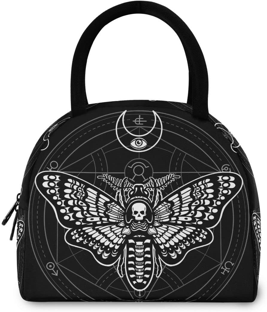 MNSRUU Bolsa de almuerzo para mujeres y hombres, bolsa de almuerzo térmica reutilizable con diseño de polilla de calavera negra, bolsa enfriadora
