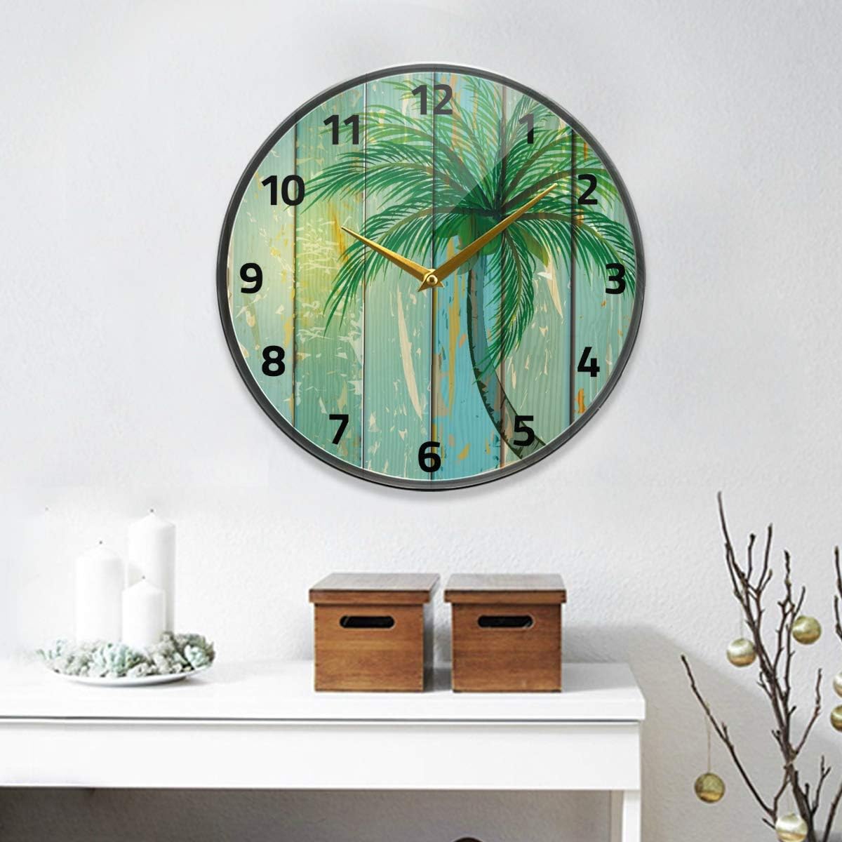 ALAZA Reloj de pared de verano con palmera de coco y playa, funciona con pilas, silencioso, sin tictac, para decoración de sala de estar, 12