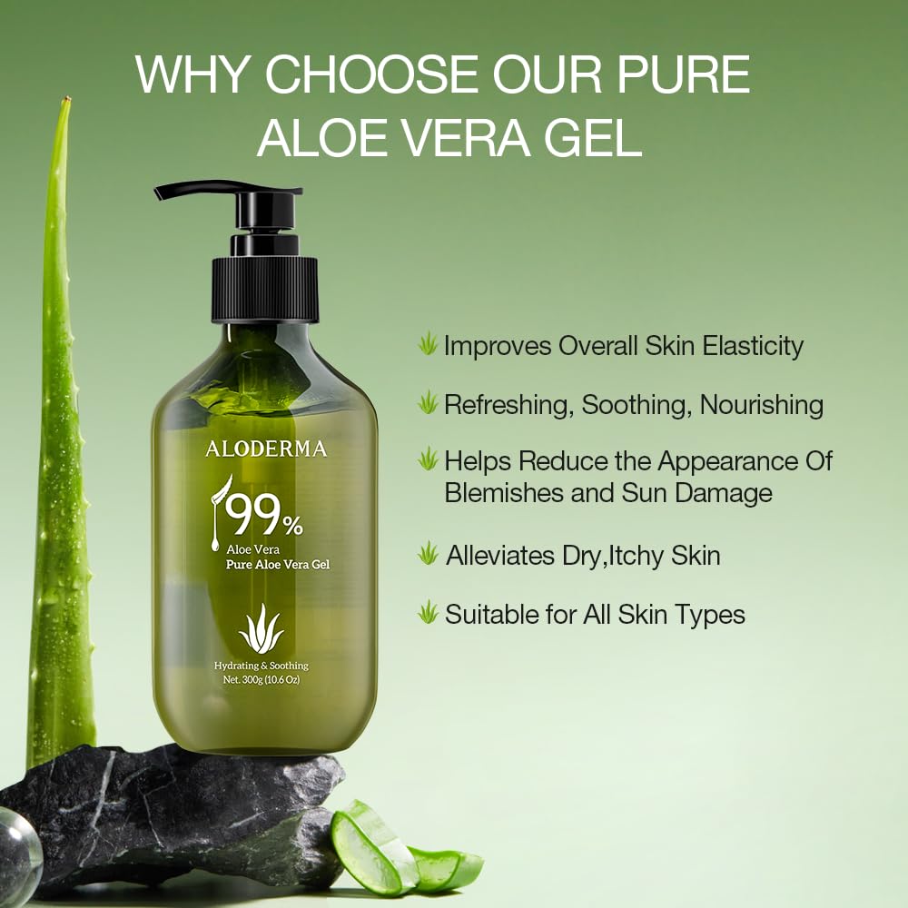 Aloderma Gel de aloe vera 99 % orgánico fabricado dentro de las 12 horas de cosecha  Botella dispensadora  Gel de aloe ligero para cara y cuerpo,