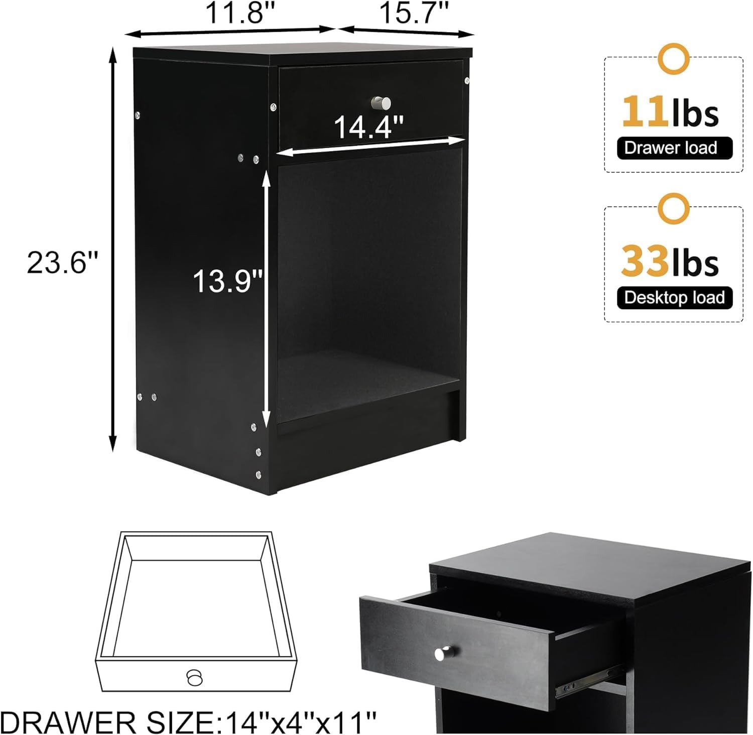 Juego de 2 mesitas de noche pequeñas, color negro, mesa auxiliar con cajones, estilo moderno, 16 pulgadas