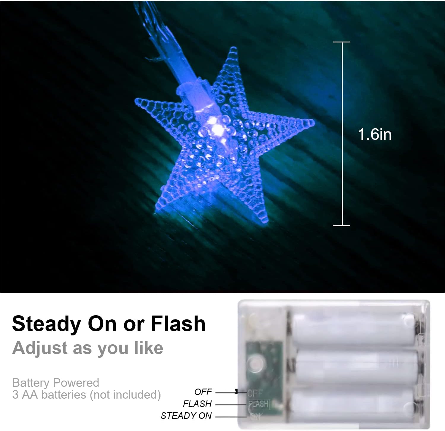 Guirnalda de luces de estrella de 15 pies, 30 luces LED, funciona con pilas, para interiores y exteriores, luces de Navidad parpadeantes, decoración