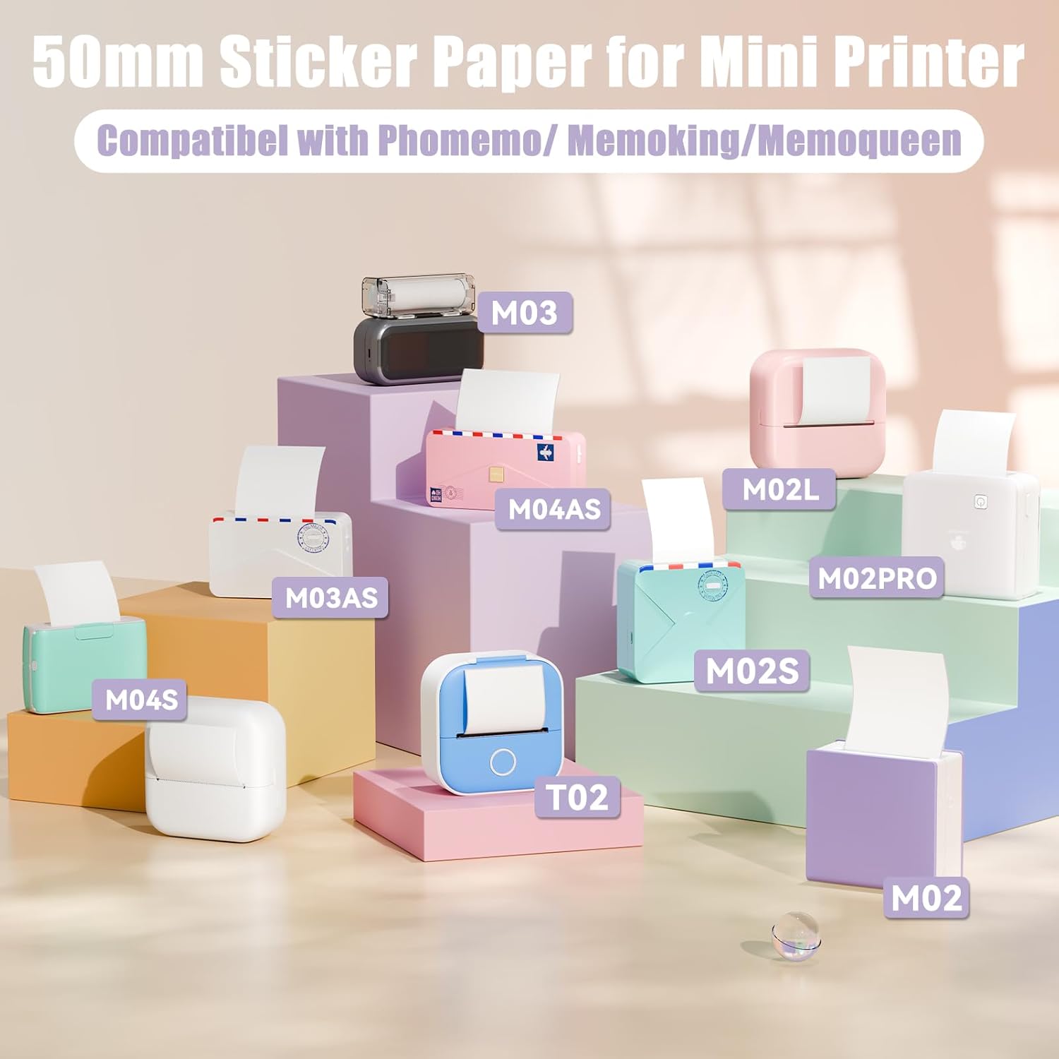 Memoking Calcomanías para impresora térmica HD M02, papel adhesivo de color compatible con Phomemo M02 M02E Q02 M02D M02X M04S Mini impresora de