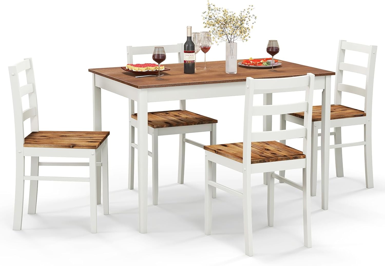 Tangkula Juego de mesa de comedor para 4, madera maciza, juego de comedor de granja con patas de madera de goma, juego de mesa de comedor y sillas