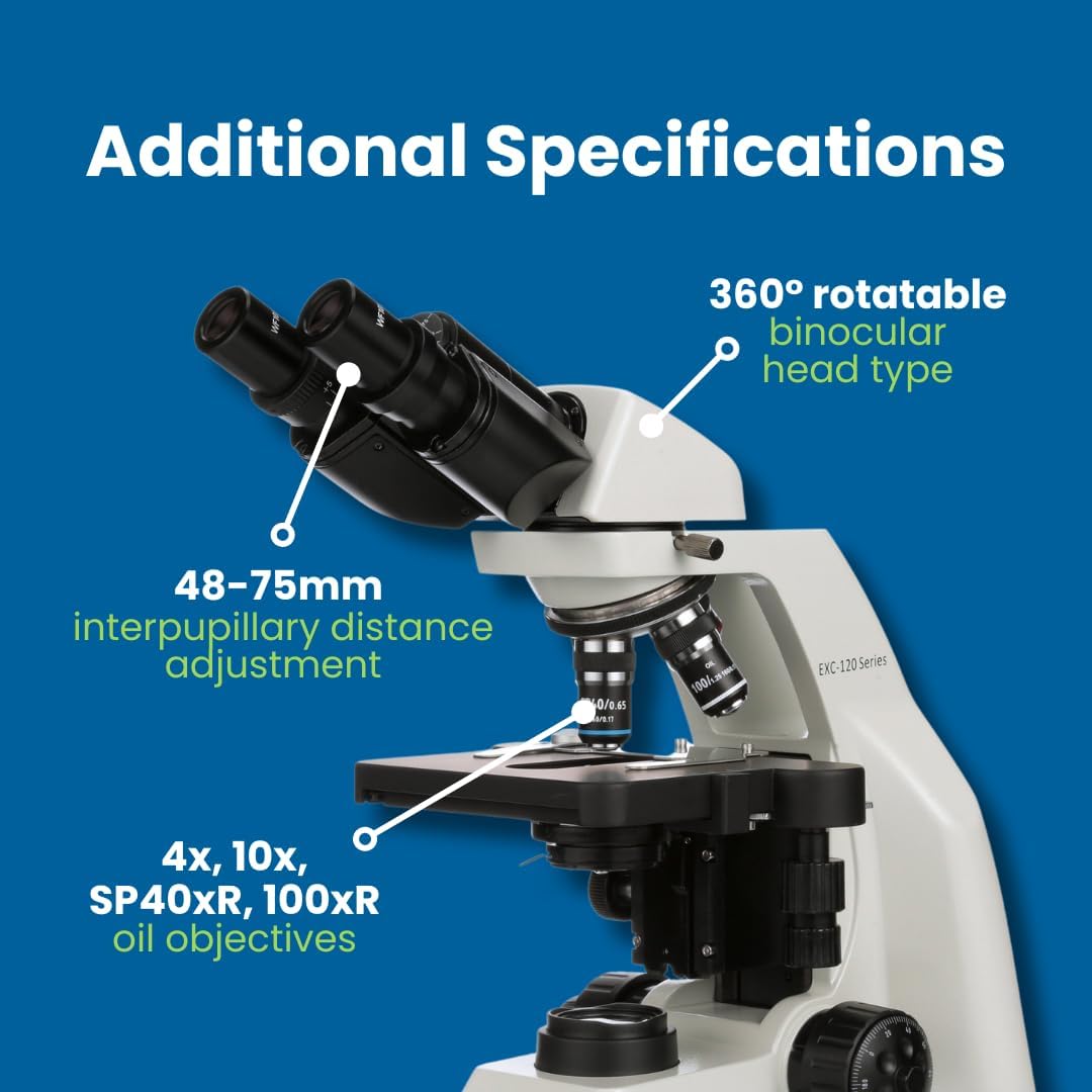 Microscopio compuesto EXC-120 de Accu-Scope – cabeza binocular, aumento 40-1000X, objetivos del acromato, etapa mecánica
