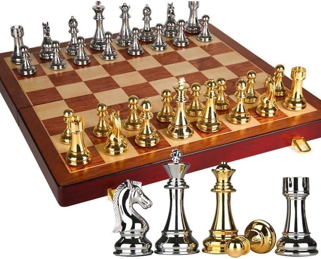 PZFC Juego de ajedrez grande de metal plegable portátil de madera para niños y adultos principiantes juego de mesa, regalos de alta gama