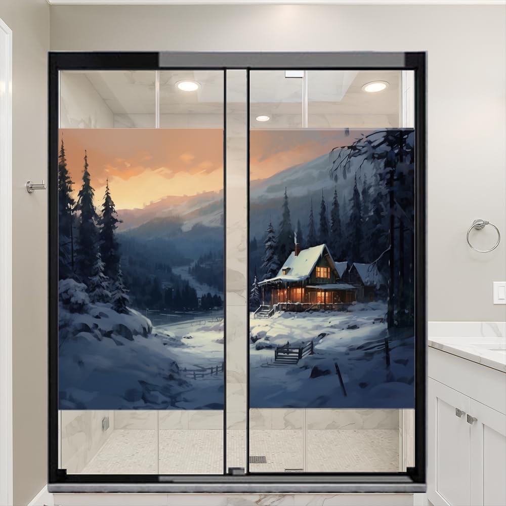 Snow Mountain Chalet – Película para ventana, estilo vintage, bosque brillante, granja, película de privacidad para ventana, cubierta de puerta,