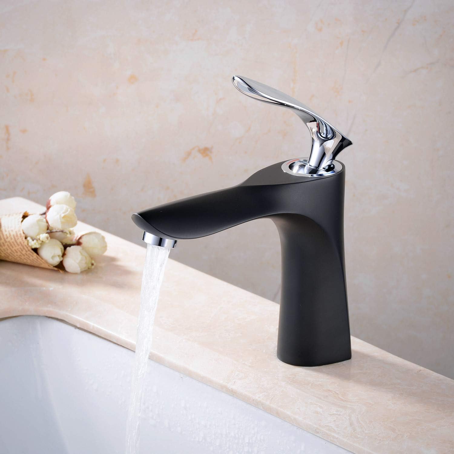 Leekayer Grifo de lavabo de baño de una sola manija, cromado, cuerpo de montaje de 1 agujero, grifo mezclador de tocador negro, grifo de baño con