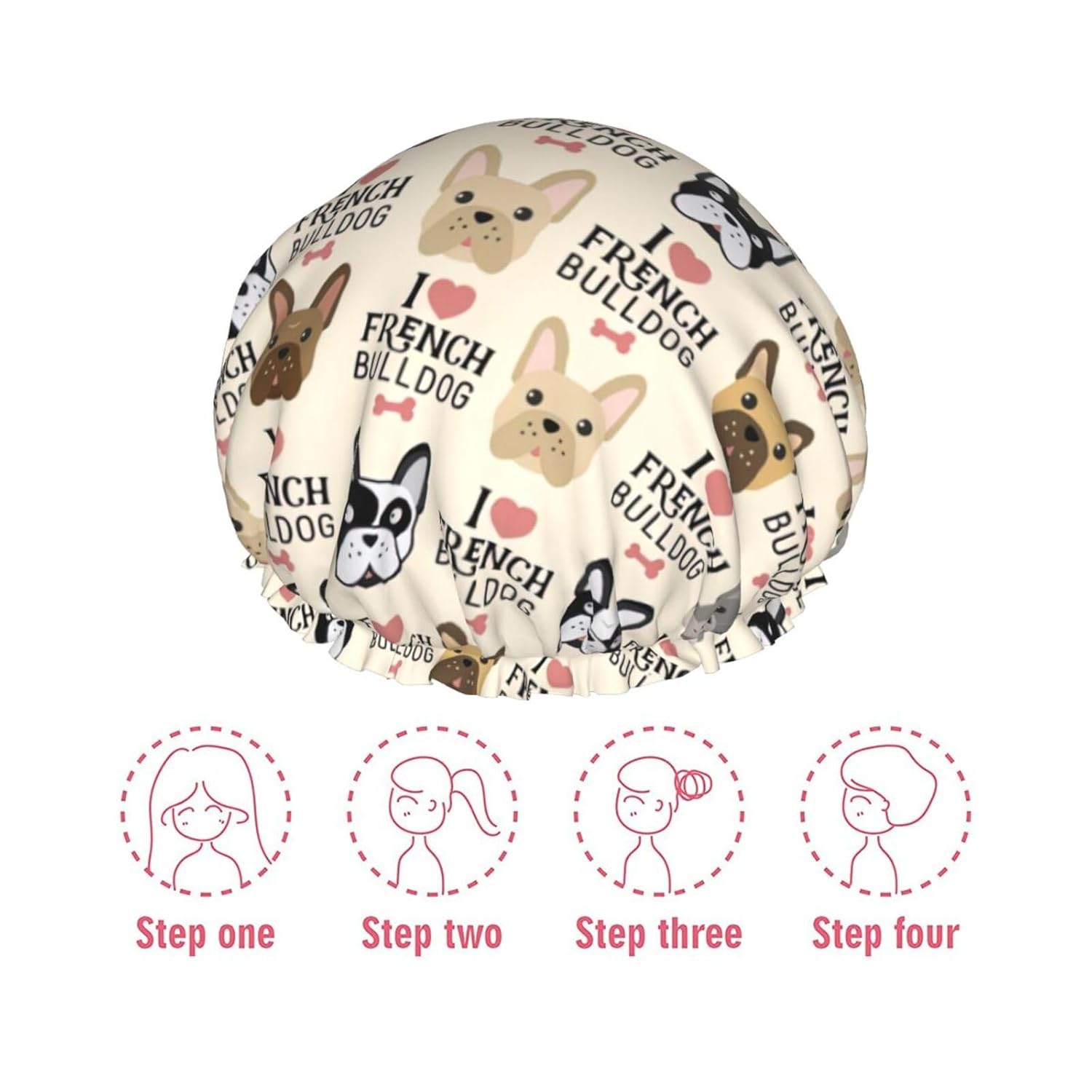Gorro de ducha de perro francés para mujer, elástico y reutilizable, doble capa impermeable sombrero de baño