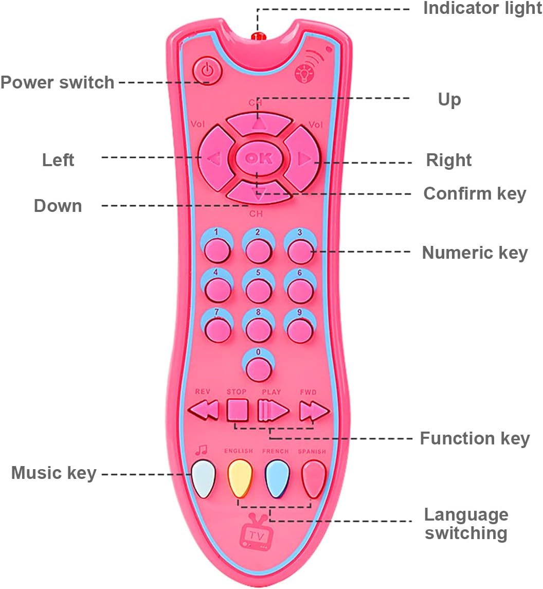 Juguete de control remoto de TV para bebés con luz y sonido, juguete de control remoto realista para niños con inglés, francés, español 3 idiomas,