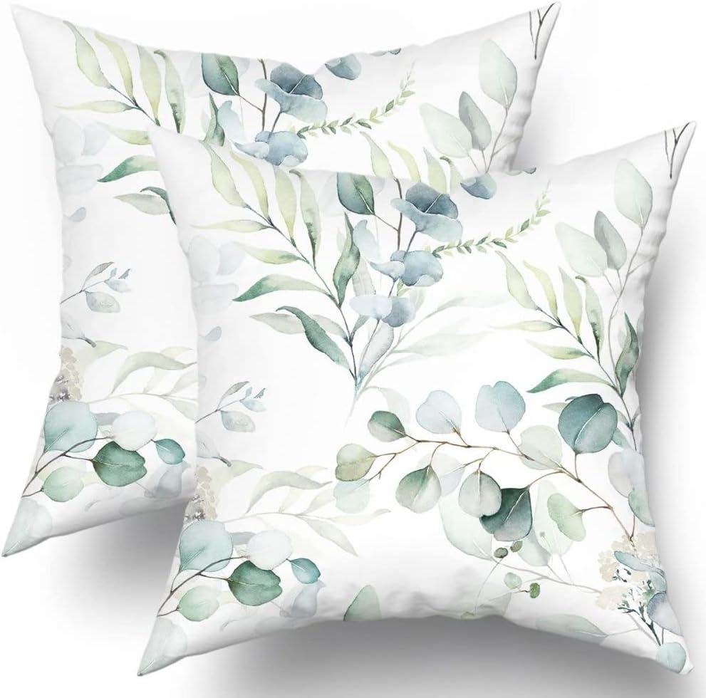 Juego de 2 fundas de almohada de hojas verdes salvia primaveral de 16 x 16 pulgadas, fundas de cojín de acuarela floral de eucalipto, estampado de