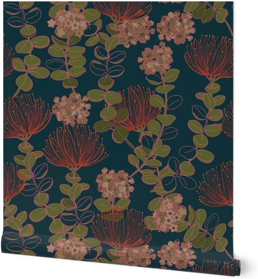 Spoonflower Muestro de papel tapiz extraíble, diseño botánico oscuro hawaiano, flores florales hawaianas, color rojo, verde azulado, tropical,