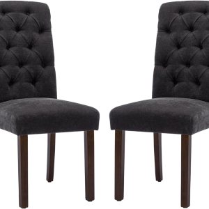 COLAMY Juego de 2 sillas de comedor copetudas, sillas de comedor Parsons tapizadas de tela, sillas auxiliares elegantes con patas de madera maciza y COLAMY Juego de 2 sillas de comedor copetudas, sillas de comedor Parsons tapizadas de tela, sillas auxiliares elegantes con patas de madera maciza y