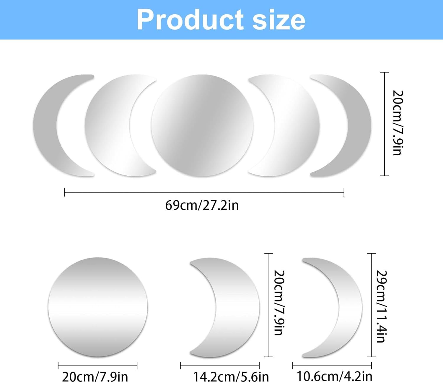 Juego de 5 piezas de espejos de fases lunares, calcomanías de pared de espejo acrílico, calcomanías de pared autoadhesivas, espejo de luna