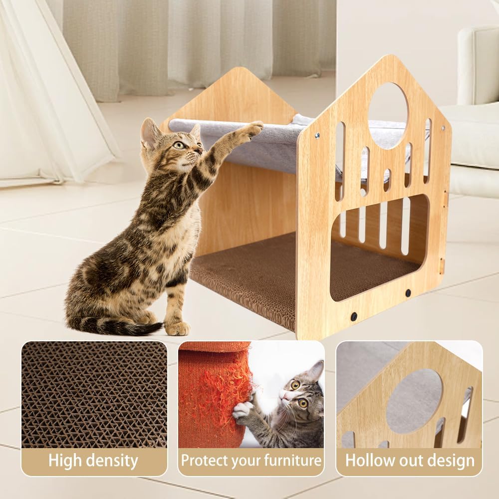 Salón rascador para gatos, 2 en 1, casa para gatos de doble capa con almohadillas rascadoras y cama y hamaca para descansar y moler garras, poste