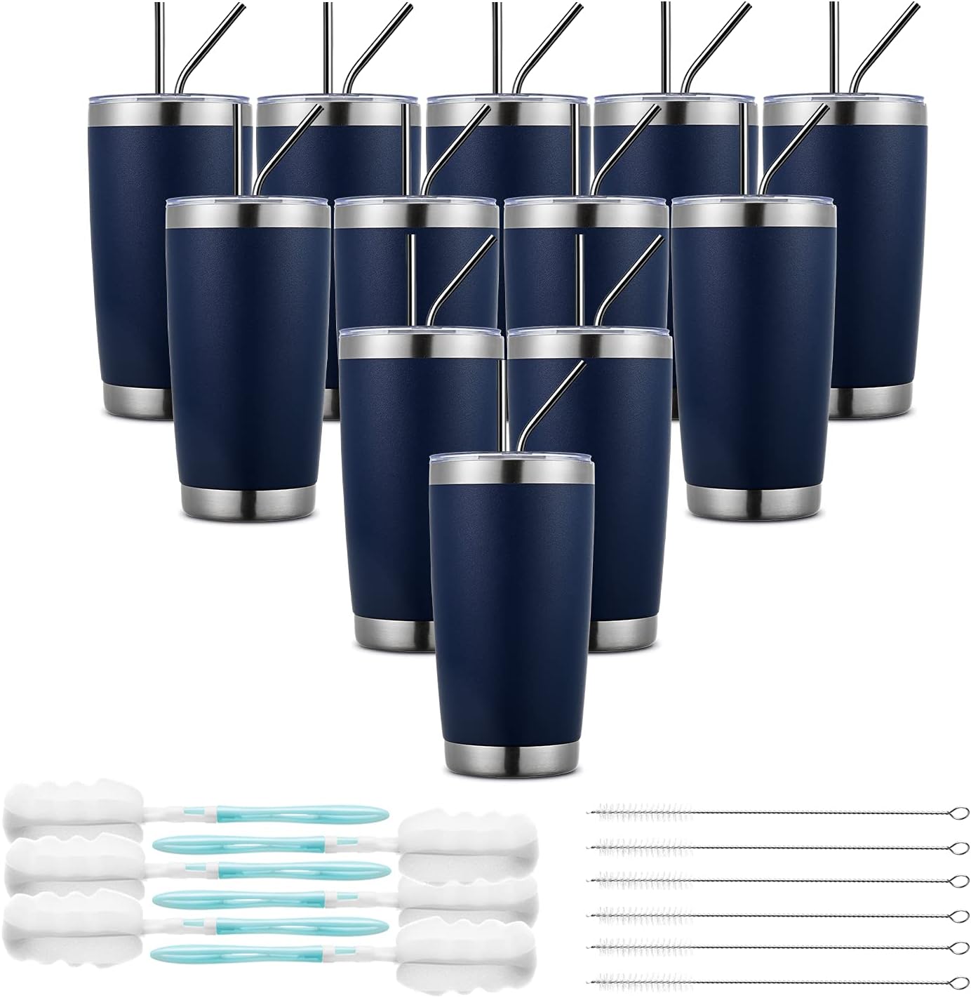 COKTIK – Paquete de 12 vasos de 20 onzas con tapa y popote, cepillo, aislamiento al vacío con doble pared de acero inoxidable, térmico para bebidas