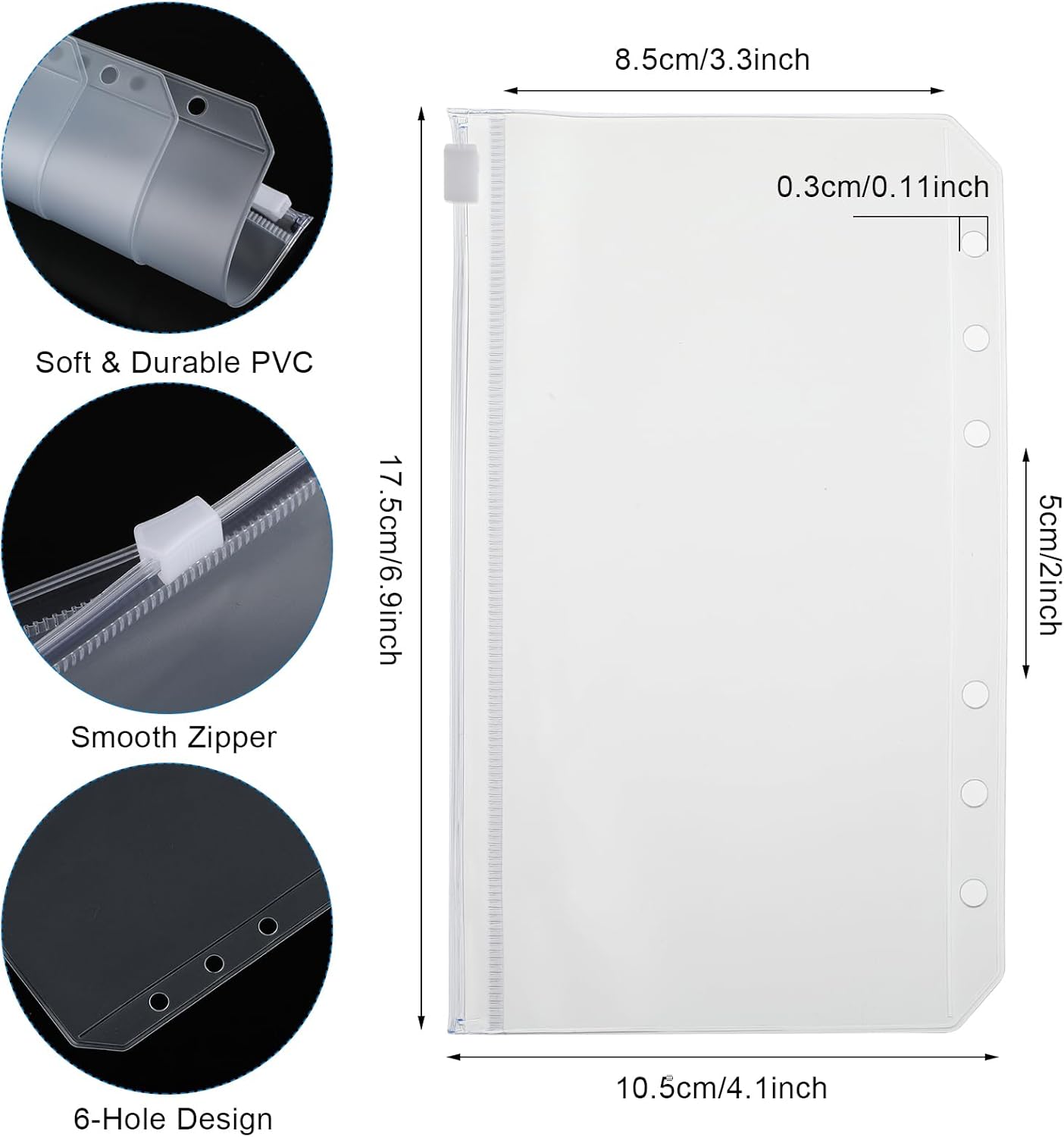 Bolsillos para carpetas A6, 12 piezas de insertos de PVC transparente, sobres impermeables A6 con cremallera, sobres de efectivo A6 de 6 agujeros
