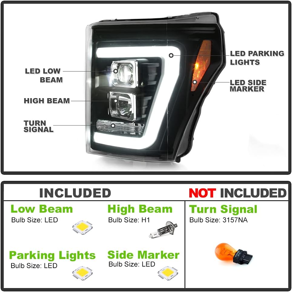 ACANII – Para Ford F250 F350 SuperDuty 2011-2016 Tubo LED negro con proyector LED integrado Faros delanteros izquierdo+derecho