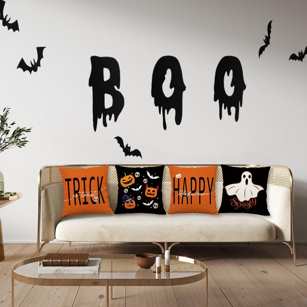 BOFKYIC Juego de 4 fundas de almohada de 18 x 18 pulgadas con texto en inglés Happy Halloween con texto en inglés Truco o trato con diseño de