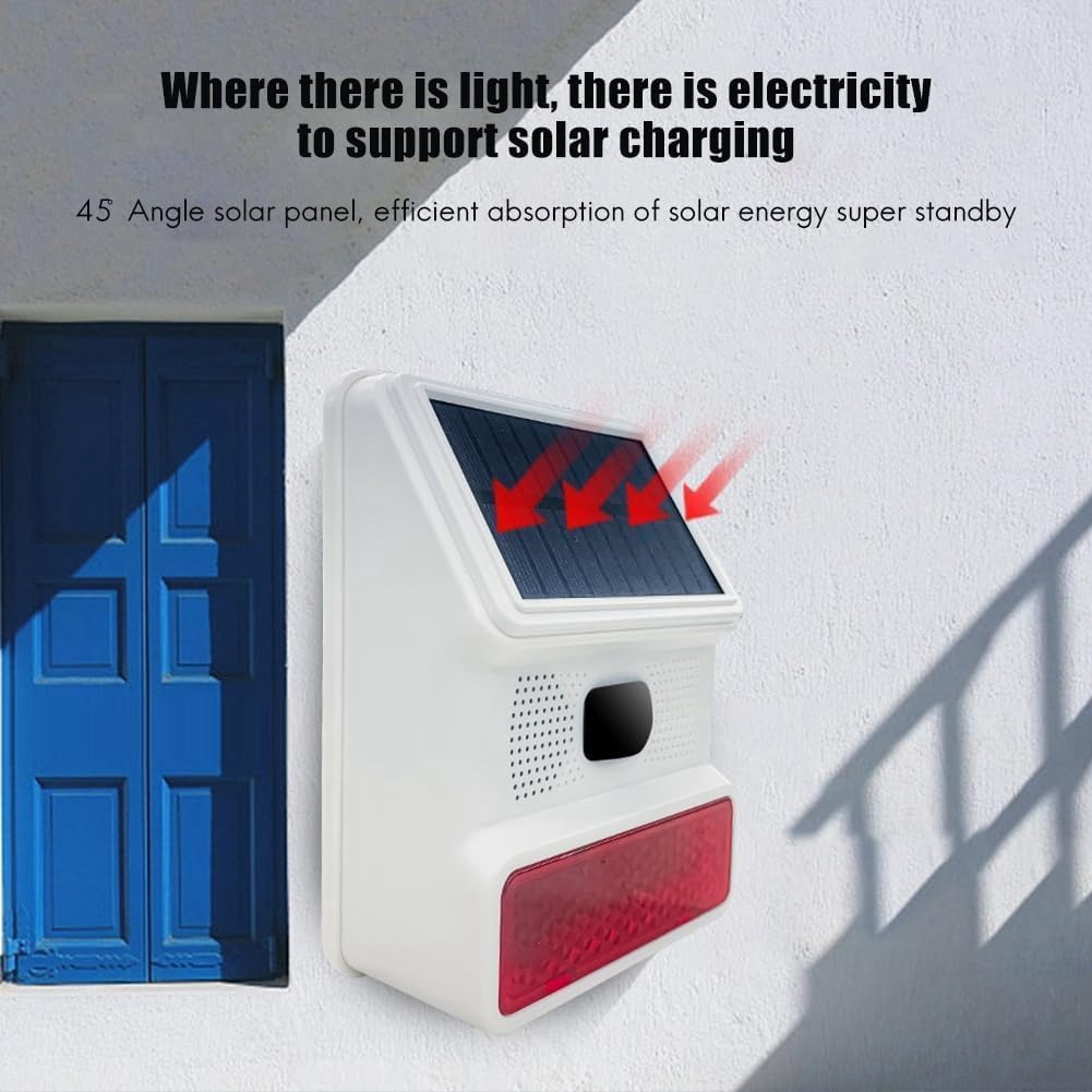 Sirena de alarma, sirena inalámbrica para exteriores de 433 MHz, sirena solar al aire libre con función de luz intermitente LED, soporte de alarma
