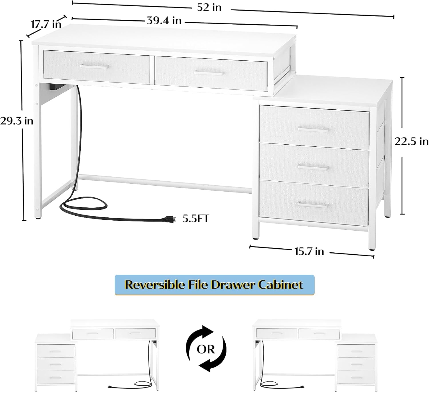 Escritorio para computadora con 5 cajones, escritorio de oficina reversible con tomas de corriente y puertos de carga USB, mesa de escritura